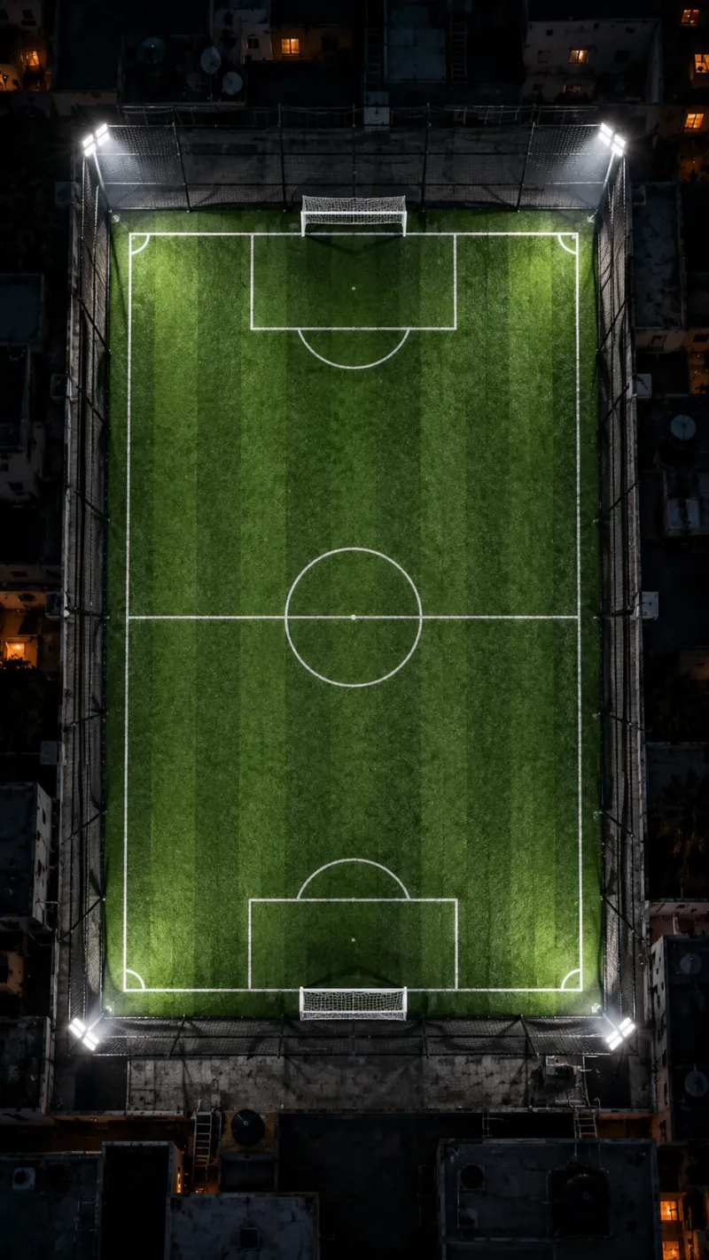 The turf seen from above at night