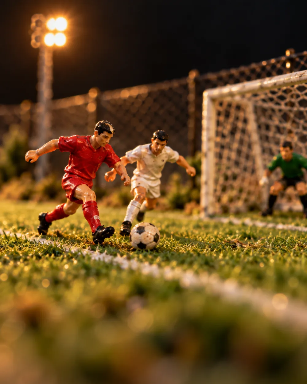 Two tiny painted model players racing for the ball in front of a goal